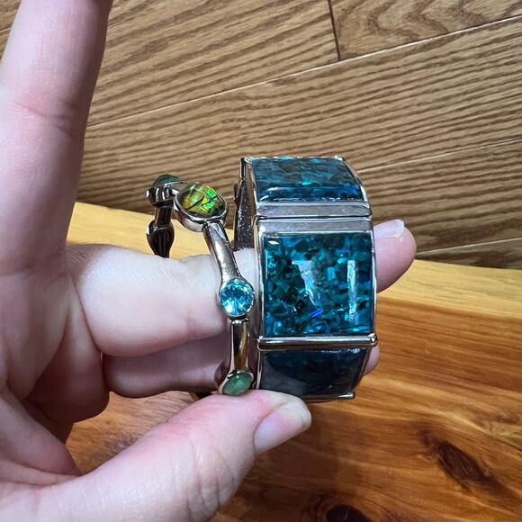 Lia Sophia Beauty Mark Easy On & Blue Abalone Clasp Bangle Set Retired Bracelets - Picture 3 of 9